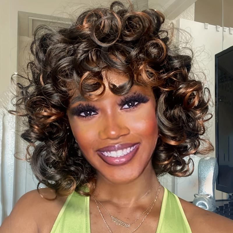 Short Afro Curly Wig With Bangs 2 Tone Big Bouncy Fluffy Curly Wig 12Inch