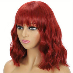 Orange Wavy Bob Wig With Bangs 14 Inches