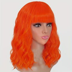 Orange Wavy Bob Wig With Bangs 14 Inches