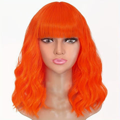 Orange Wavy Bob Wig With Bangs 14 Inches