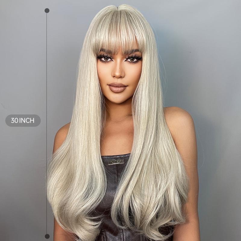 Ombre Brown To Blonde Long Straight Wig Bangs Heat Resistant Fiber