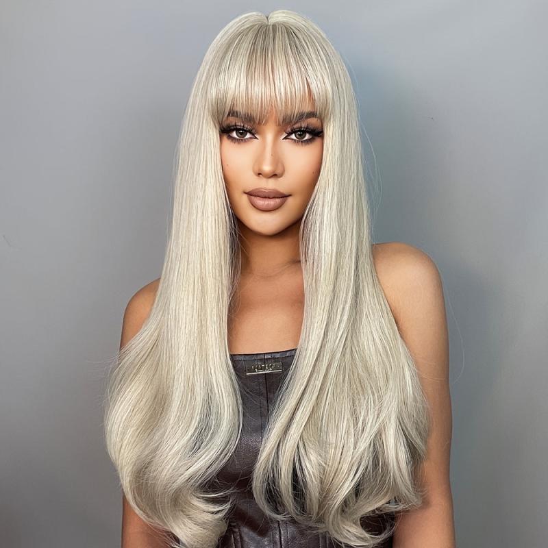 Ombre Brown To Blonde Long Straight Wig Bangs Heat Resistant Fiber