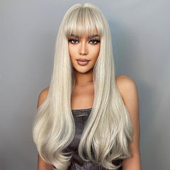 Ombre Brown To Blonde Long Straight Wig Bangs Heat Resistant Fiber