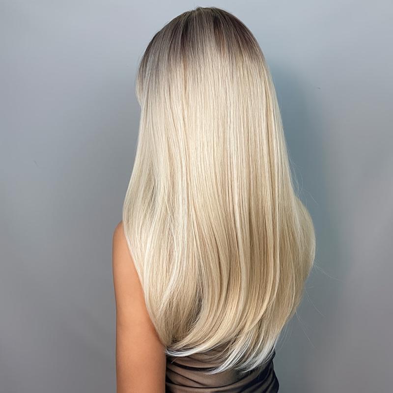 Ombre Brown To Blonde Long Straight Wig Bangs Heat Resistant Fiber