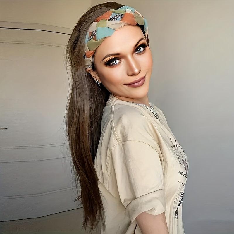 Long Straight Synthetic Headband Wig 60 96 Cm Brown Hair With Colorful Headband