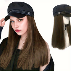 Synthetic Wig Hat With Hair Long Straight Hair Beret Cap for Women