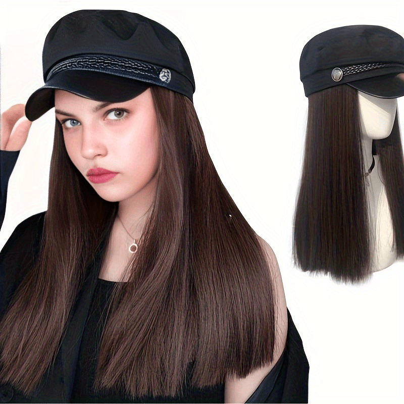 Synthetic Wig Hat With Hair Long Straight Hair Beret Cap for Women