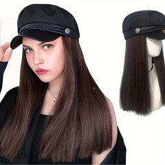Synthetic Wig Hat With Hair Long Straight Hair Beret Cap for Women