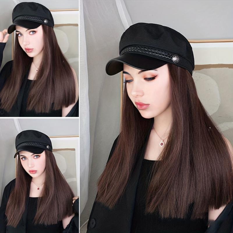 Synthetic Wig Hat With Hair Long Straight Hair Beret Cap for Women