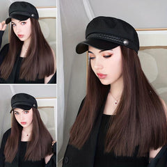 Synthetic Wig Hat With Hair Long Straight Hair Beret Cap for Women