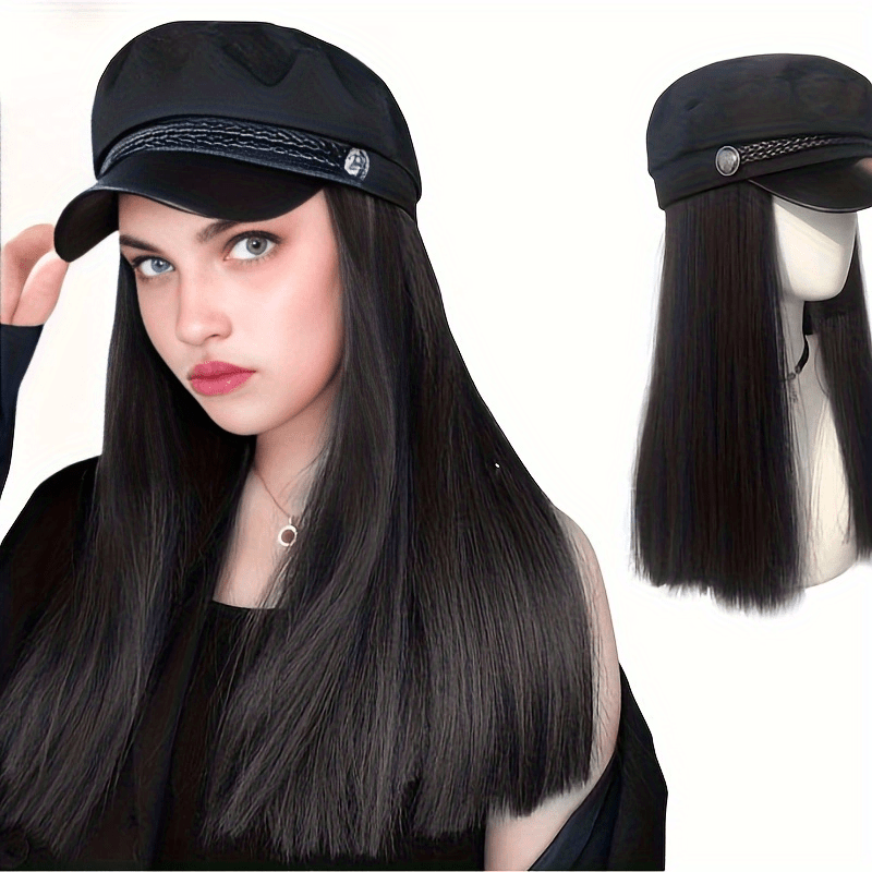 Synthetic Wig Hat With Hair Long Straight Hair Beret Cap for Women