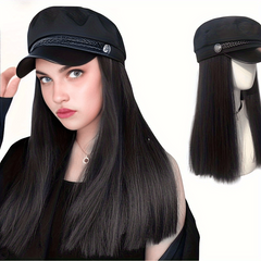 Synthetic Wig Hat With Hair Long Straight Hair Beret Cap for Women