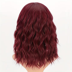 Curly Bob Wig With Bangs Short Wavy Wine Red Wigs For Women