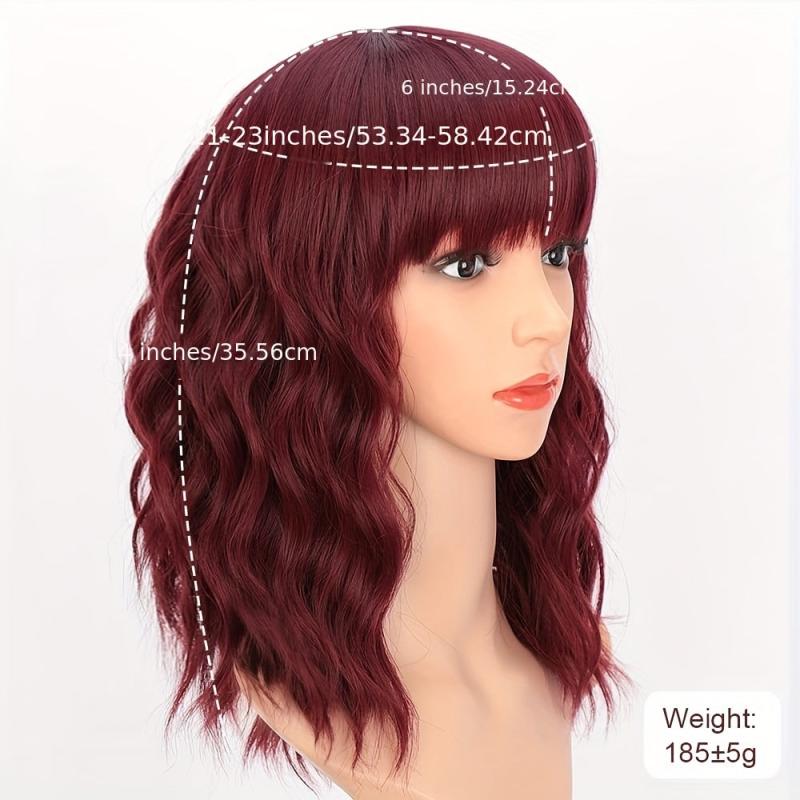 Curly Bob Wig With Bangs Short Wavy Wine Red Wigs For Women