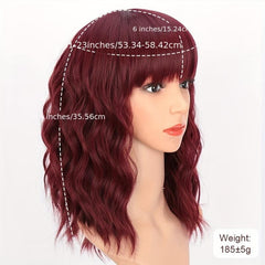Curly Bob Wig With Bangs Short Wavy Wine Red Wigs For Women