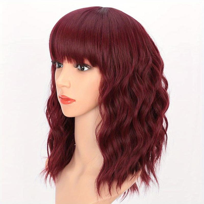 Curly Bob Wig With Bangs Short Wavy Wine Red Wigs For Women