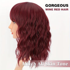 Curly Bob Wig With Bangs Short Wavy Wine Red Wigs For Women