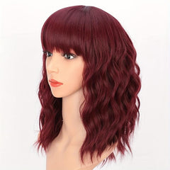Curly Bob Wig With Bangs Short Wavy Wine Red Wigs For Women