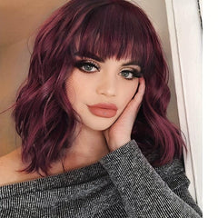 Curly Bob Wig With Bangs Short Wavy Wine Red Wigs For Women