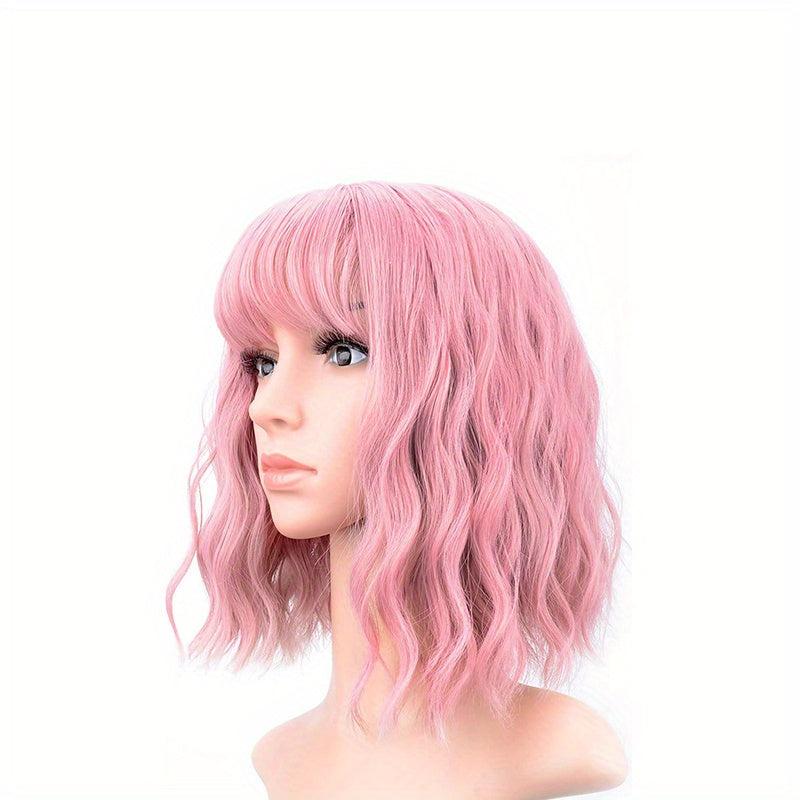 Curly Bob Wig With Bangs Short Wavy Wine Red Wigs For Women