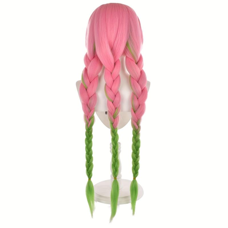 Long Curly Green Pink Anime Cosplay Wig with Wig Net