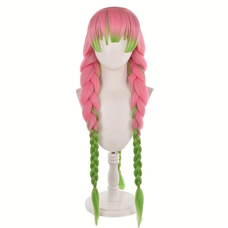 Long Curly Green Pink Anime Cosplay Wig with Wig Net