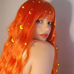 Orange Fire Wig Long Wavy Synthetic Heat Resistant Fiber Wig With Bangs
