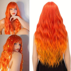 Orange Fire Wig Long Wavy Synthetic Heat Resistant Fiber Wig With Bangs
