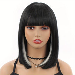 35 56 Cm Short Bob Cut Wig With Bangs Straight Heat Resistant Synthetic Wig