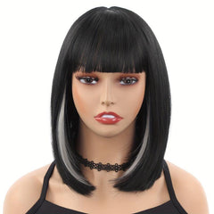 35 56 Cm Short Bob Cut Wig With Bangs Straight Heat Resistant Synthetic Wig