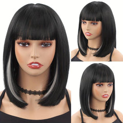 35 56 Cm Short Bob Cut Wig With Bangs Straight Heat Resistant Synthetic Wig