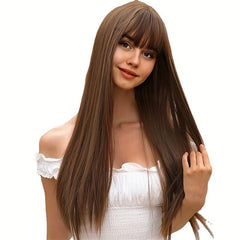 Long Straight Bob Cut Wig With Bangs Synthetic Wig Heat Resistant