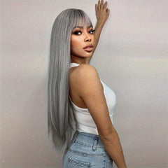 Long Straight Bob Cut Wig With Bangs Synthetic Wig Heat Resistant