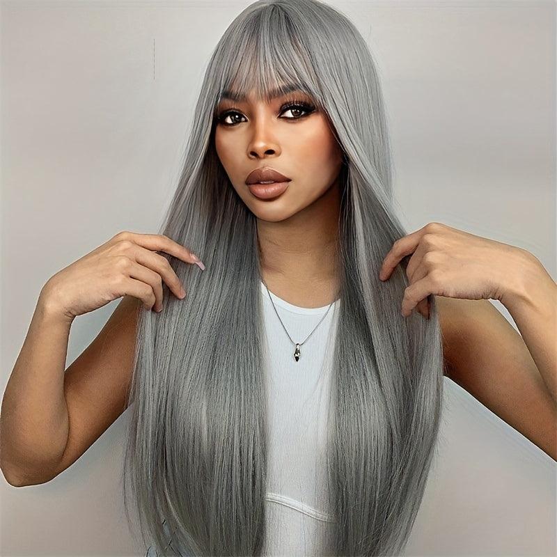 Long Straight Bob Cut Wig With Bangs Synthetic Wig Heat Resistant