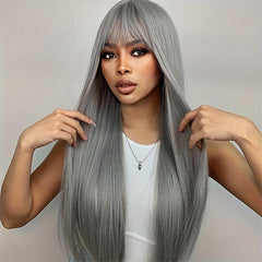 Long Straight Bob Cut Wig With Bangs Synthetic Wig Heat Resistant