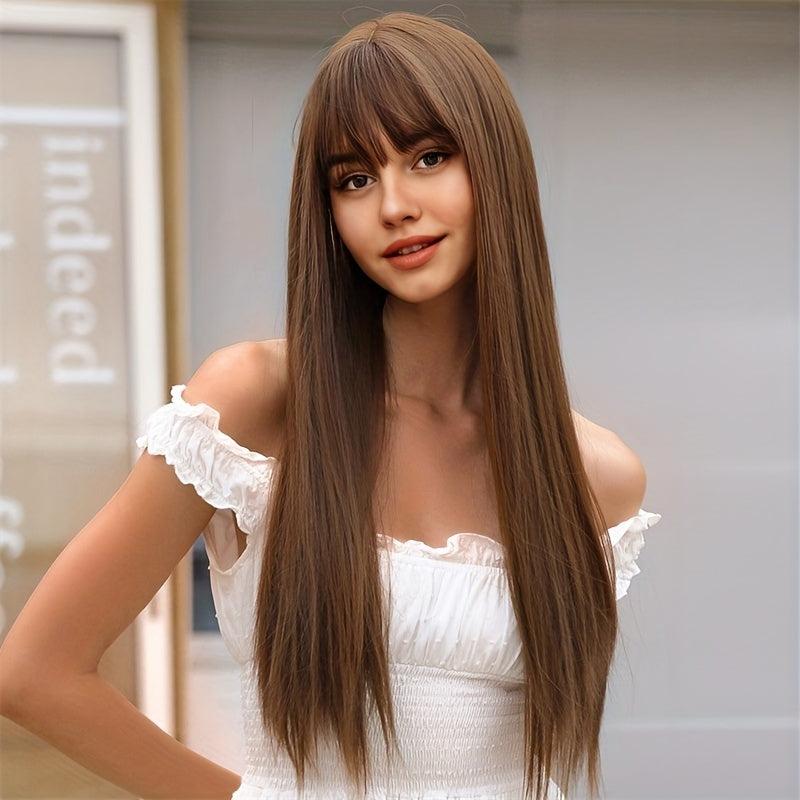 Long Straight Bob Cut Wig With Bangs Synthetic Wig Heat Resistant