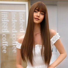 Long Straight Bob Cut Wig With Bangs Synthetic Wig Heat Resistant