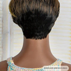 Brown Curly Wig Brown Blonde Highlights Pixie Cut With Bangs Natural Short Wig