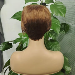 Brown Curly Wig Brown Blonde Highlights Pixie Cut With Bangs Natural Short Wig