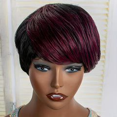 Brown Curly Wig Brown Blonde Highlights Pixie Cut With Bangs Natural Short Wig