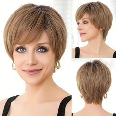 Brown Curly Wig Brown Blonde Highlights Pixie Cut With Bangs Natural Short Wig