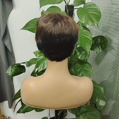 Brown Curly Wig Brown Blonde Highlights Pixie Cut With Bangs Natural Short Wig