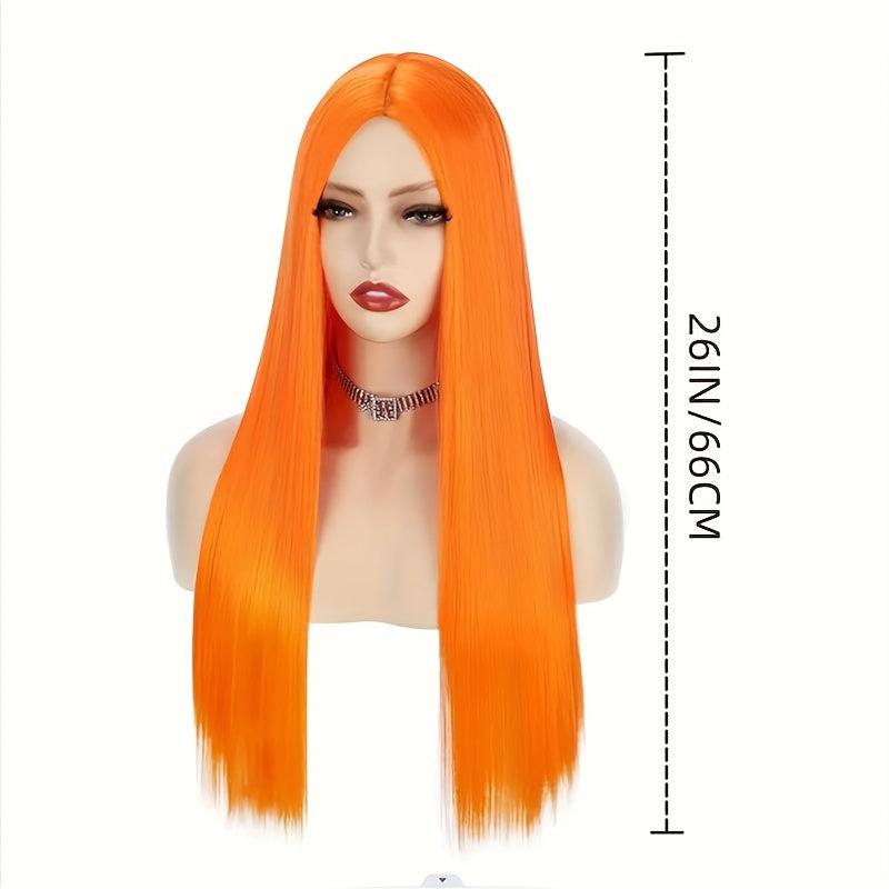 Orange Wig Middle Part Long Straight Wigs For Women Colorful Synthetic Wig