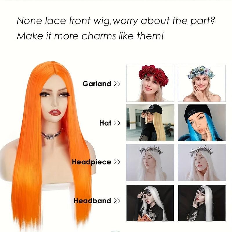 Orange Wig Middle Part Long Straight Wigs For Women Colorful Synthetic Wig