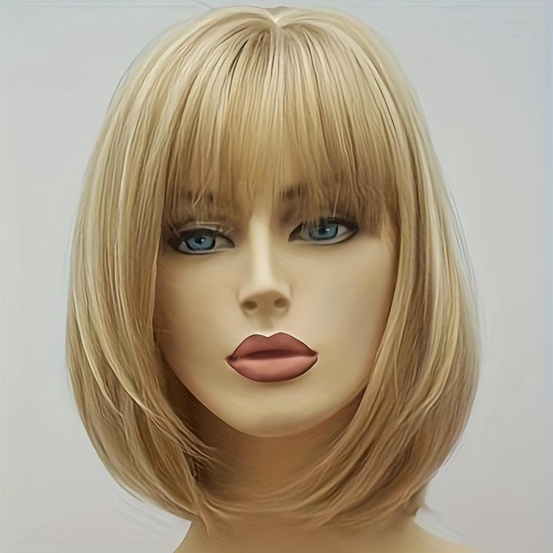 Mixed Blonde Bob Short Straight Wig with Bangs