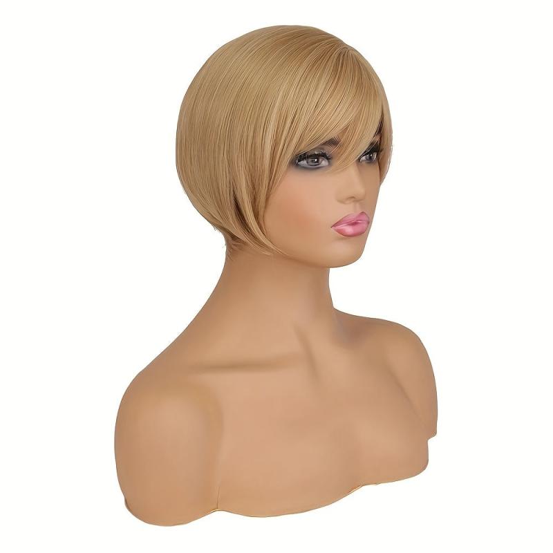 Mixed Blonde Bob Short Straight Wig with Bangs
