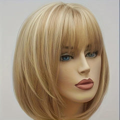 Mixed Blonde Bob Short Straight Wig with Bangs