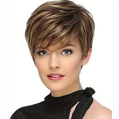 Short Pixie Cut Wig Mixed Brown Heat Resistant Fiber Daily Use Wig