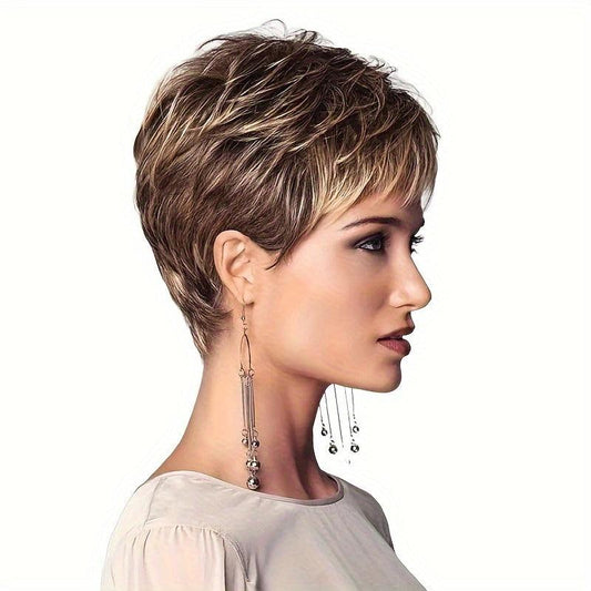 Short Auburn Pixie Haircut Wig With Bangs Layered Wavy Wine Color