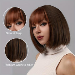 Short Brown Bob Wig With Bangs Natural Straight Synthetic Wig For Daily Wear